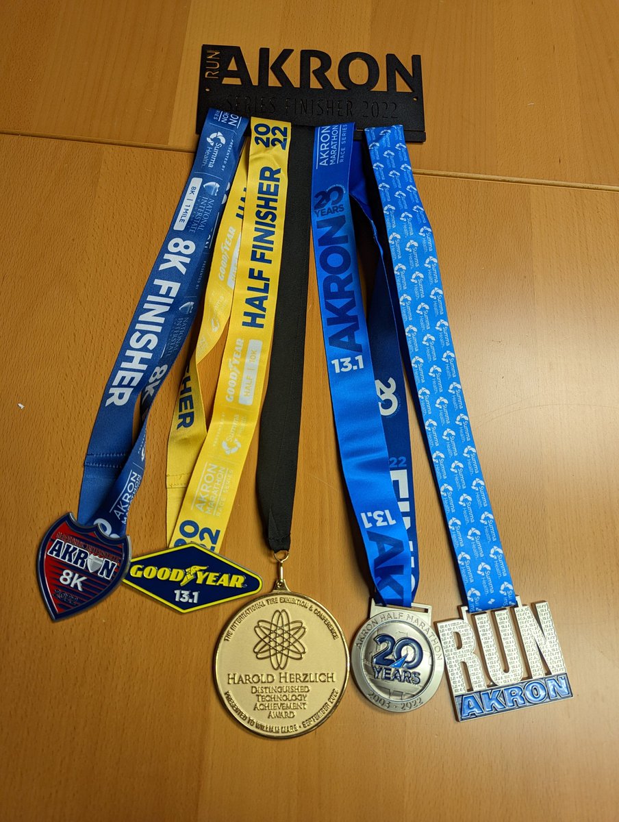 EnduricaWill's tweet photo. Finished the Akron race series this weekend. Can you guess which race was the longest? #runakron #runtheblueline #haroldherzlichaward #tireweekinakron https://t.co/eXvM9kvl7y