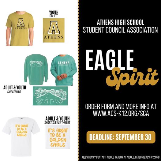 SCA SPIRIT TEES @AHS_Alabama Student Council Association #goldeneaglespirit t-shirts and sweatshirts are on sale now. Visit acs-k12.org/sca for ordering information. All orders and payments due by 9/30. If you have any questions, contact Nicole.Taylor@acs-k12.org