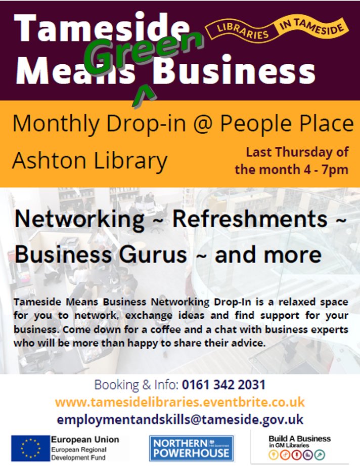 TamesideCouncil's tweet photo. Tameside Means Green Business! Join our green issues experts for coffee and chat on Thu 29 September at Ashton Library. 4-7pm – Speakers at 5pm.

• Sustainability &amp; Net Zero Advisor at Growth Hub
• Founder and CEO of Enerlytic
• Business Green Scene Lead at GM Chamber https://t.co/bibW8kzKv7