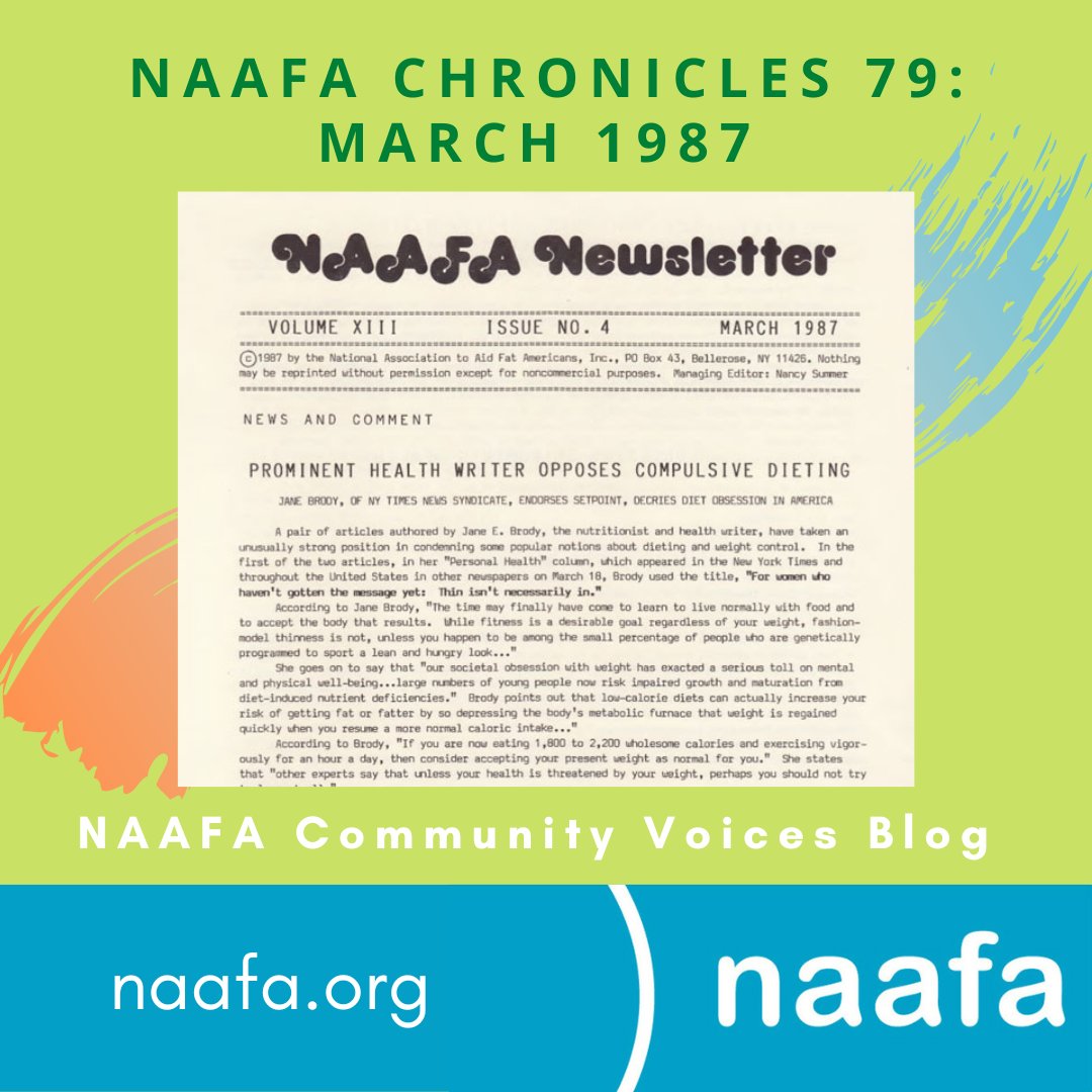 NAAFAofficial's tweet photo. BLOG POST: NAAFA Chronicles 79: March 1987
CW: Some discussion of anti-fat attitudes and threats from healthcare workers to lose weight.
https://t.co/oLxNZYeg12
#fatactivism #medicalbias #weightstigma #fathistory #volunteerism #naafa #EqualityAtEverySize https://t.co/tRQsZLh1LU