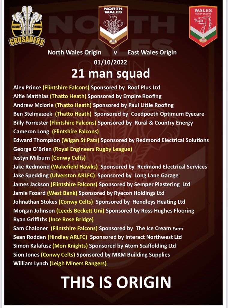 |SQUAD NEWS 📰 | 

Here is your 21 man squad for our forthcoming fixture versus East Wales.

🏆 WRL Origin Series
🆚 East Wales
📆Saturday 1st October
📍 Glyncoch RFC @glyncochrugby 
⏰ 2pm kick off 

A win would secure a first ever WRL origin series championship for the North.