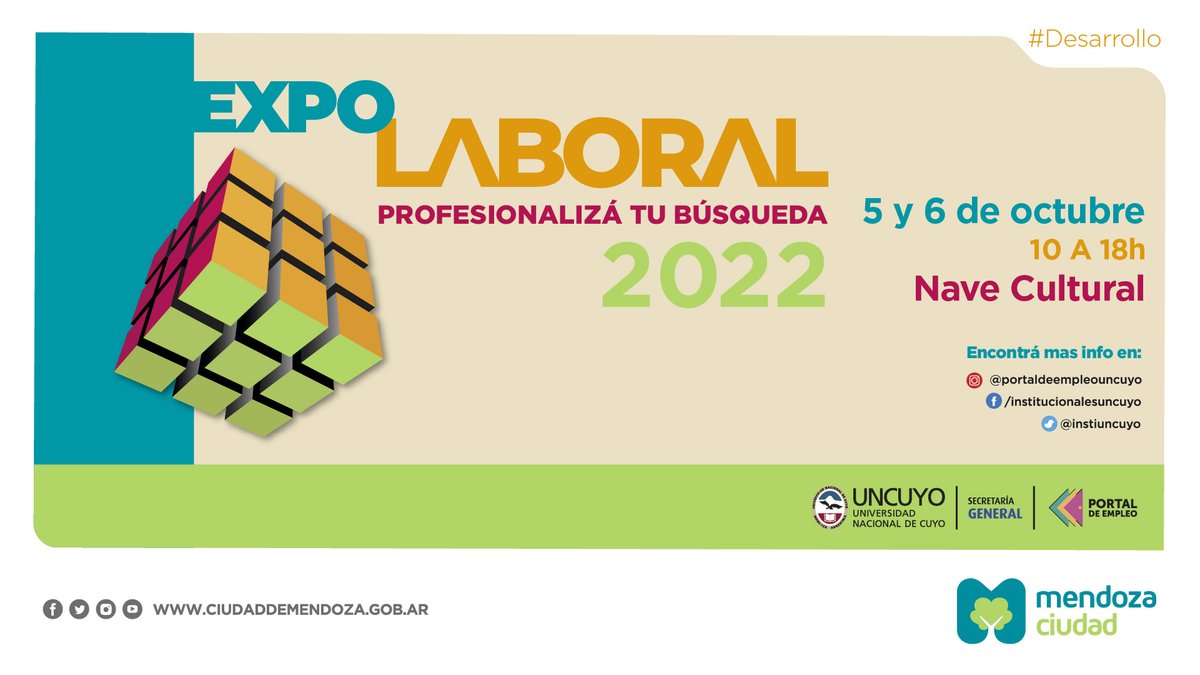 #WeLoveMendoza
¡Llega la Expo Laboral 2022!
En conjunto con el Portal de Empleo de la UNCuyo, pondremos en escena la “Expo Laboral 2022”, que se desarrollará el 5 y 6 de octubre en la Nave Cultural, en un evento que será gratuito y abierto a todo público.
ciudaddemendoza.gob.ar/2022/09/23/lle…