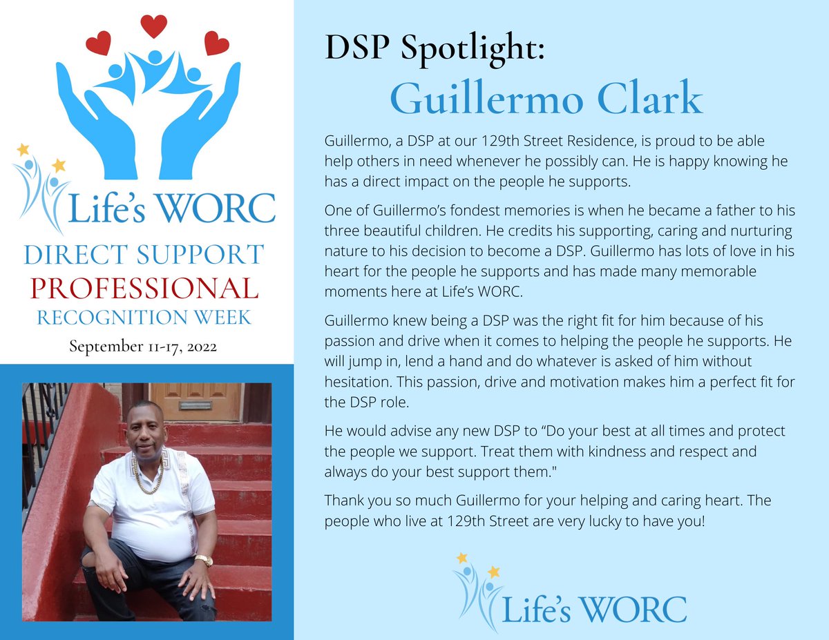 lifesworc's tweet photo. Treating the people we support with kindness and respect is key to being a successful #DSP, according to Guillermo, who works in our Residential Program. Thank you Guillermo for all you do! #DSPRecognitionWeek #DSPRecognitionMonth https://t.co/Y3rLvaeEcg