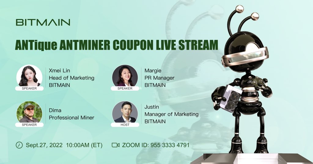 BITMAINtech's tweet image. Tomorrow it is! Sept.27, 10 AM (ET), let’s hear all about #coupons, #NFT, and #mining!
Come on in… 🍷