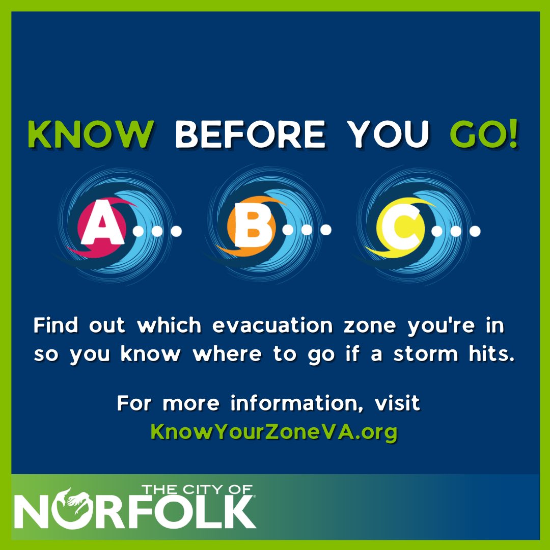 For week 4 of #NPM2022, we want to make sure you have an evacuation plan – & that starts with knowing your zone! 
Find your evacuation zone at KnowYourZoneVA.org  
You can also find evacuation routes for you & your family here: norfolk.gov/1463/Hurricane…  
#BePreparedNorfolk