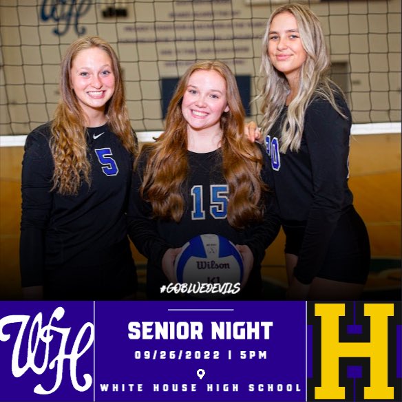 It’s Senior Night for WHHS Volleyball! Come out and support our three wonderful seniors! 

Caleigh Anderson - #20
Khloe O’Neal - #15
Izzy Parks - #5
 
We will face Hendersonville tonight. JV starts at 5 pm and Varsity will follow. Senior night will be conducted between JV and V.