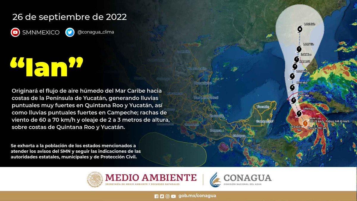 conagua_clima's tweet photo. El #Huracán #Ian continúa intensificándose en el Mar Caribe, mantiene su trayectoria hacia el occidente de Cuba.
Sus amplias bandas nubosas propiciarán #Lluvias muy fuertes en zonas de #QuintanaRoo y #Yucatán, y fuertes en áreas de #Campeche ⬇️ https://t.co/hD3hn6Phcg