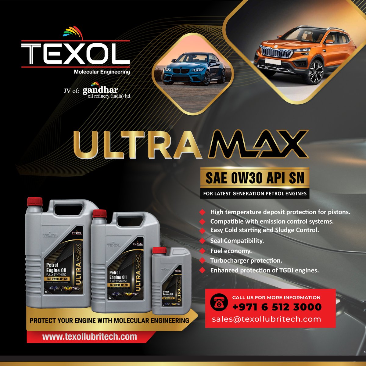 OilcompaniesUAE's tweet photo. #texollubritech Texol® Ultra Max SAE 0W30 API SN is a fully synthetic, energy-efficient Passenger Car Motor Oil, made with high-quality hydro-cracked &amp; hydro-treated base oils and additives with proven performance. #engineoil #petrolengineoil #lubricants #automotiveindustry https://t.co/X9cJVxnskc