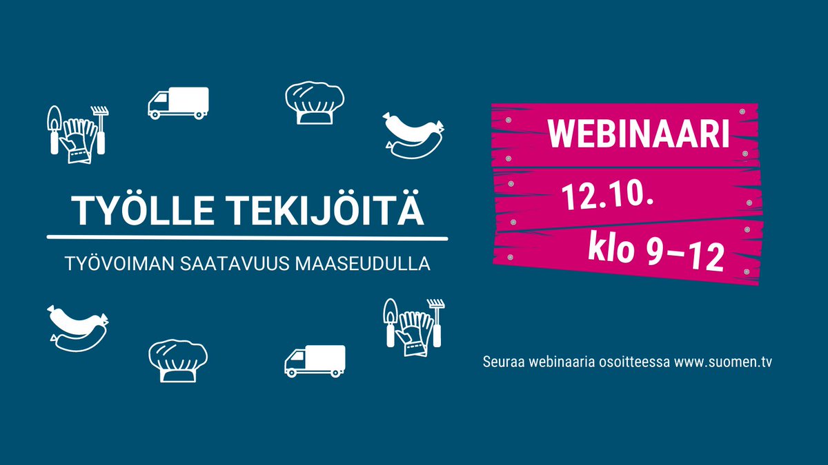 Ruokavirasto järjestää 12.10. klo 9–12 Työlle tekijöitä -webinaarin, jossa keskustellaan työvoiman saatavuudesta maaseutualueilla. Merkitse webinaari kalenteriisi ja tule vaihtamaan ajatuksia maaseudun monista mahdollisuuksista!

Lisätiedot ja ohjelma: maaseutuverkosto.fi/tapahtumat/tyo…