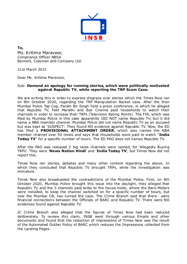 INSBIND's tweet photo. #INSB had written to Times Now &amp; ABP News Network on the malicious reporting of #TRPScam. [2021]

While the #TRPReportSoon comes, we carry out massive #ApologizeToArnab campaign. 

Support this campaign, tweet with #/ApologizeToArnab https://t.co/cZpzYA89Vv