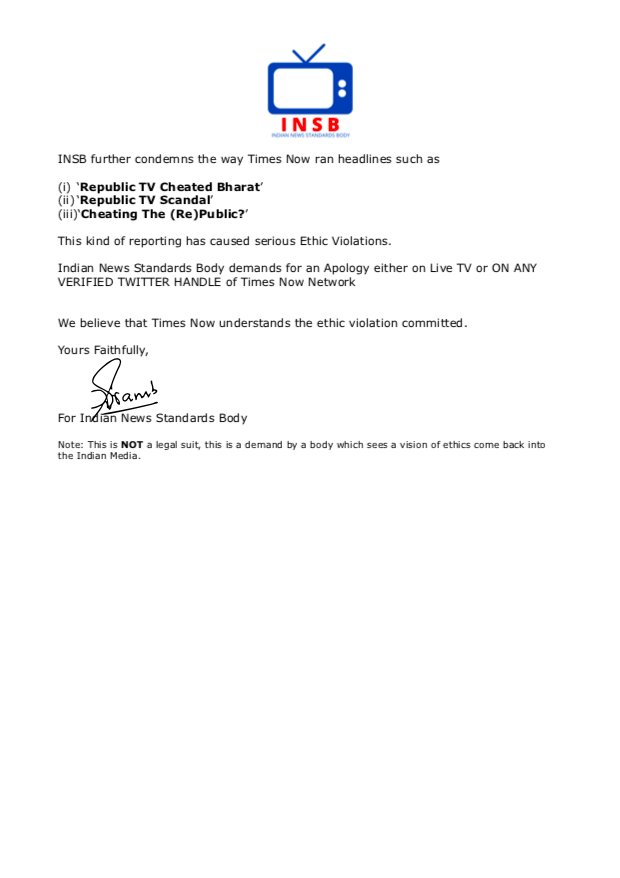 INSBIND's tweet photo. #INSB had written to Times Now &amp; ABP News Network on the malicious reporting of #TRPScam. [2021]

While the #TRPReportSoon comes, we carry out massive #ApologizeToArnab campaign. 

Support this campaign, tweet with #/ApologizeToArnab https://t.co/cZpzYA89Vv