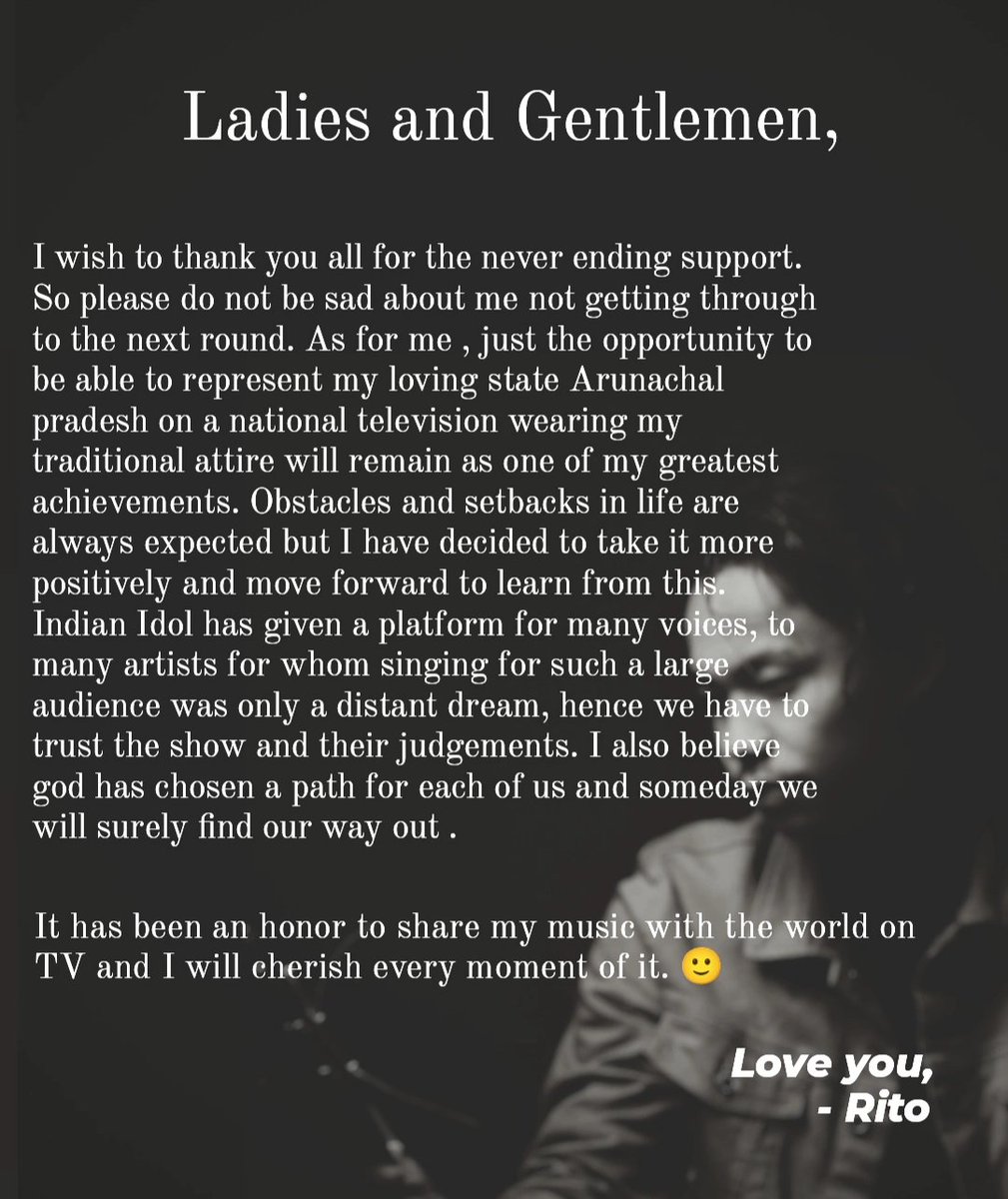 DhananMorang's tweet photo. Rito's thank you note to the well-wishers. May the future be kind to him. #IndianIdol13OnSony
#indianidol13 #RitoRiba
@VishalDadlani @iAmNehaKakkar 
@PemaKhanduBJP @incredibleindia https://t.co/cClRQeut77