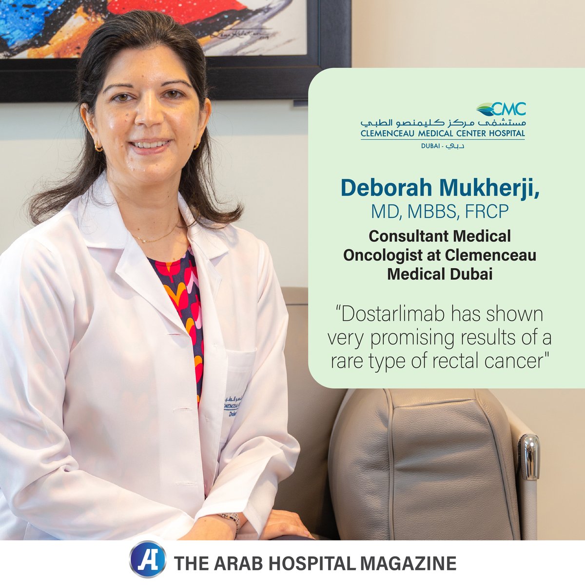 HospitalsMag's tweet photo. @cmc_dubai 
 ‘Hospitals’ magazine interviewed Dr. Deborah Mukherji, Consultant Medical Oncologist-CMC Dubai- who talked about the new approaches and procedures for cancer treatment.
Full interview: https://t.co/H4NAZDg4Mo https://t.co/9PmT5R4Lse