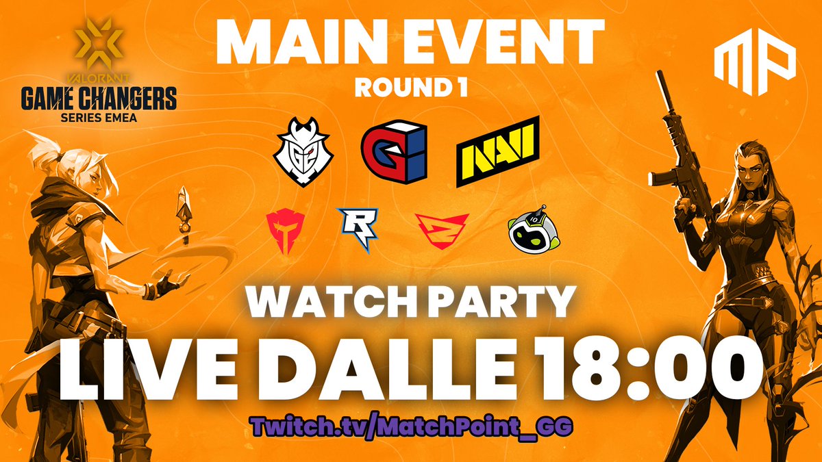 Oggi inizia il Main Event del #VCTGameChangers !
E noi torniamo live dalle 18:00 per seguire il torneo.
Inizia la sfida tra le favorite (G2, GuildX, NAVI e RixGG) ma qualche sorpresa potrebbe arrivare dalle squadre meno conosciute. <a href="/itVALORANT/">VALORANT - Italia</a> 

📺twitch.tv/MatchPoint_gg