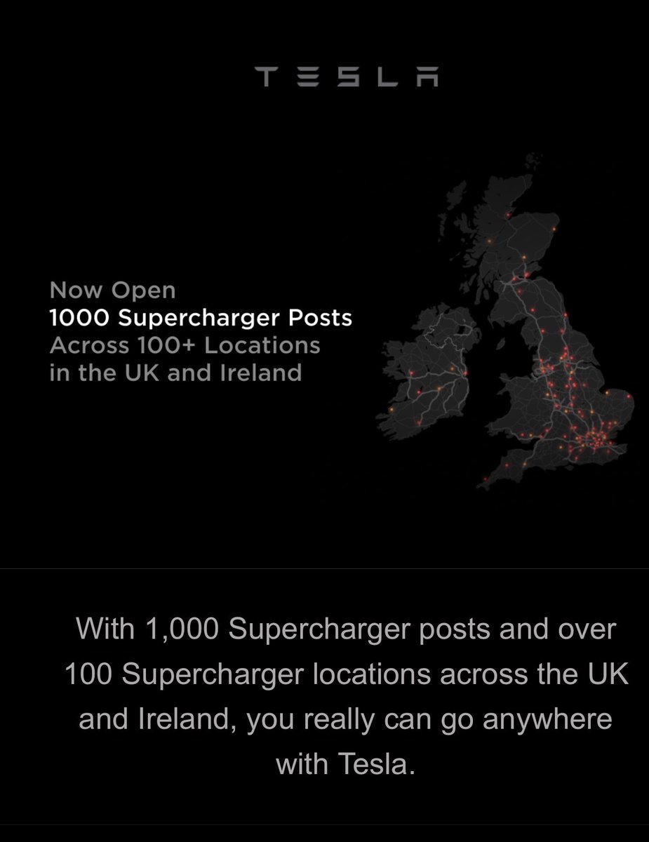 glenncartmill's tweet photo. 1000 Tesla Superchargers across the UK and Ireland. Not a single one in Northern Ireland. Why? @Tesla https://t.co/9vZN1UIRUp