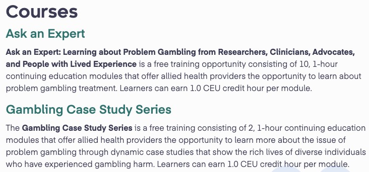 Div_Addiction's tweet photo. Are you a healthcare professional looking to enhance your understanding of problem gambling? Check out these free continuing education courses, offered online through the MA Technical Assistance Center for Problem Gambling Treatment: https://t.co/ydzIfog4eW @HRiAction @MassDPH https://t.co/mMMwMX7auE