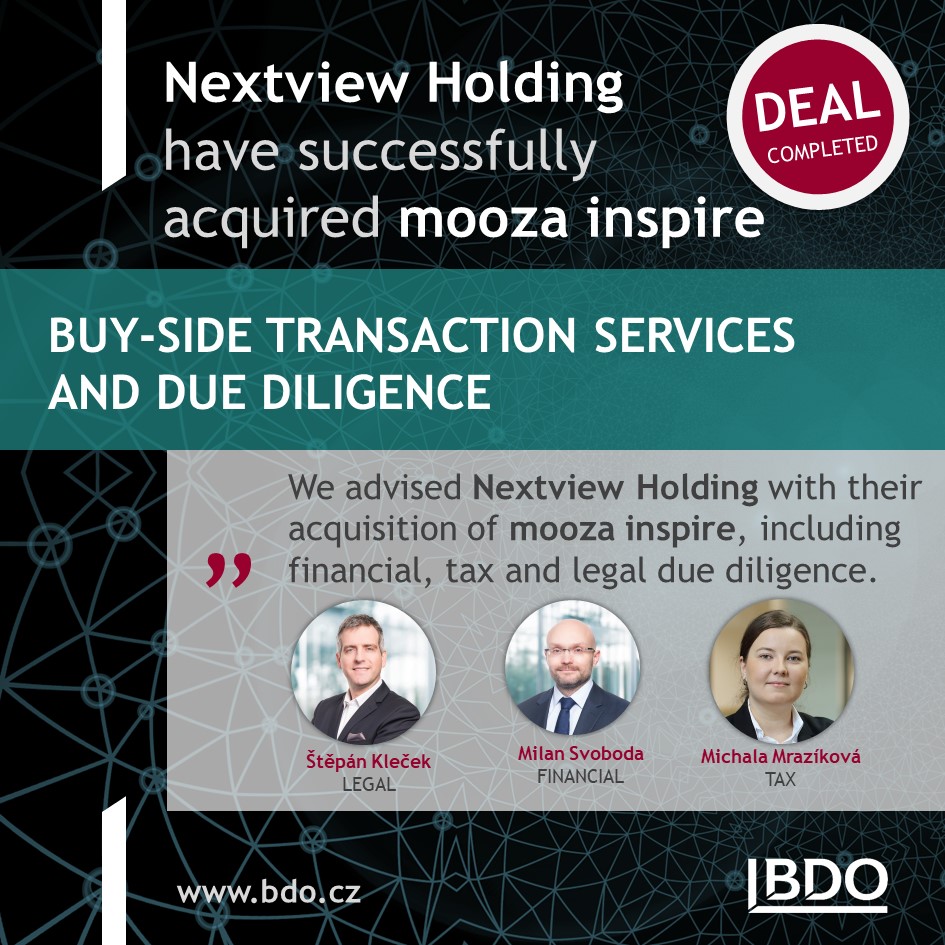 Při akvizici společnosti mooza inspire, jsme kupující straně - společnosti Nextview Holding - poskytli komplexní transakční podporu včetně služeb due diligence. 
#duediligence #transaction #acquisition #tax #legal #finance