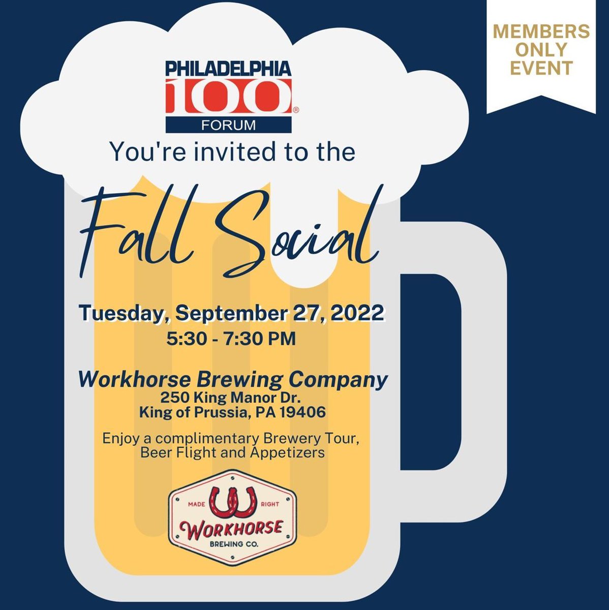 Philadelphia 100 (@phila100) on Twitter photo Philadelphia100 Forum Members: We'll see you tomorrow at the Fall Social at Workhorse Brewing Company for drinks, food, and networking with fellow members! Register by the end of the day if you plan to attend: philly100.org/events Philadelphia100 Forum Members: We'll see you tomorrow at the Fall Social at Workhorse Brewing Company for drinks, food, and networking with fellow members! Register by the end of the day if you plan to attend: philly100.org/events