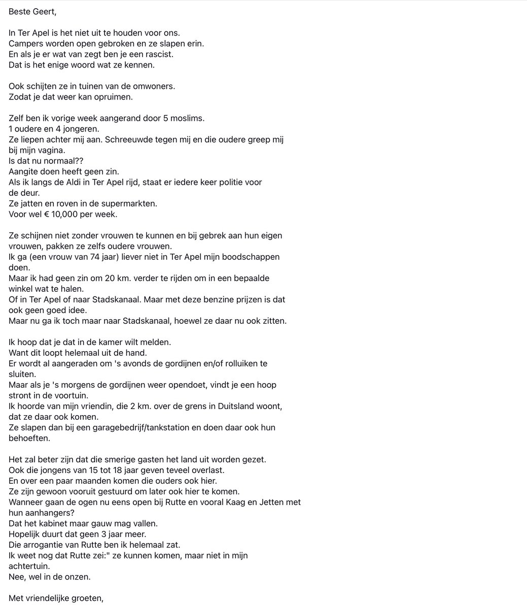 Een mail van een 74-jarige mevrouw uit Ter Apel.

Lees en huiver 👇