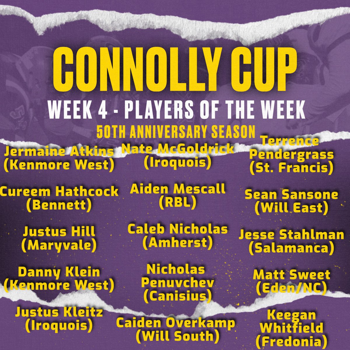 Week 4 of the High School Football is in the books...

Here are this week's nominees for the Connolly Cup

DISCLAIMER: WNY Athletics does not play a role in choosing nominees