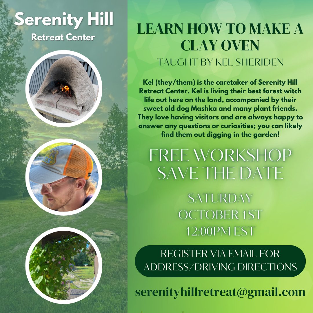 Southern Vision Alliance (@southernvision_) on Twitter photo Have you heard about the Serenity Hill Retreat Center? On Saturday, October 1st, they will be hosting a free-workshop teaching folk how to make their own clay oven. Register by emailing them at serenityhillretreat@gmail.com. Hope to see you there! Have you heard about the Serenity Hill Retreat Center? On Saturday, October 1st, they will be hosting a free-workshop teaching folk how to make their own clay oven. Register by emailing them at serenityhillretreat@gmail.com. Hope to see you there!