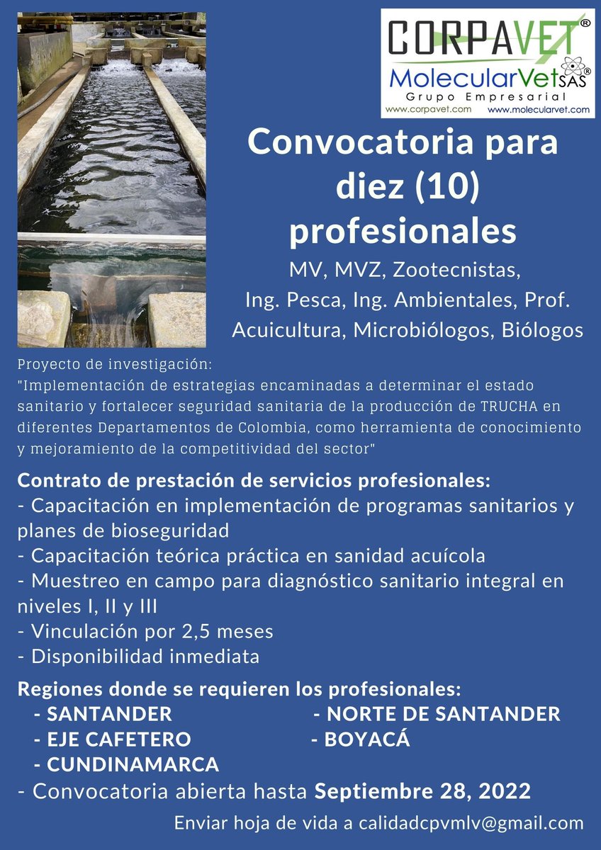 Interesados aplicar hasta 28 de Septiembre, 2022 enviando su hoja de vida a calidadcpvmlv@gmail.com
