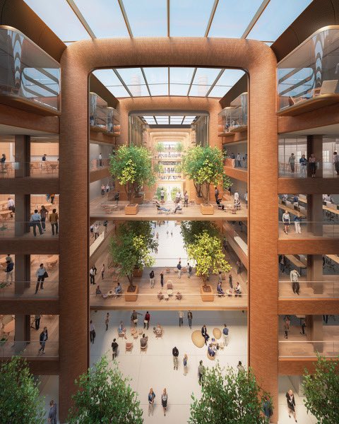 Apple’s new Battersea office, with brick, natural light, interior and exterior trees.