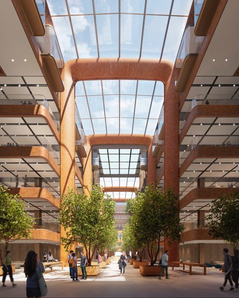 Another image of Apple’s Battersea office, from the ground floor looking up toward the skylights.