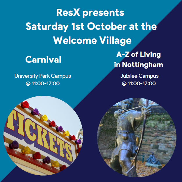 UoNResX's tweet photo. ResX presents at the Welcome Marquee on University Park a Carnival Afternoon with lots of fun and games for you to play 🎯and on Jubilee Campus, join our RA's to learn all about Living in Nottingham 🏠 https://t.co/IkXg6Epf1h