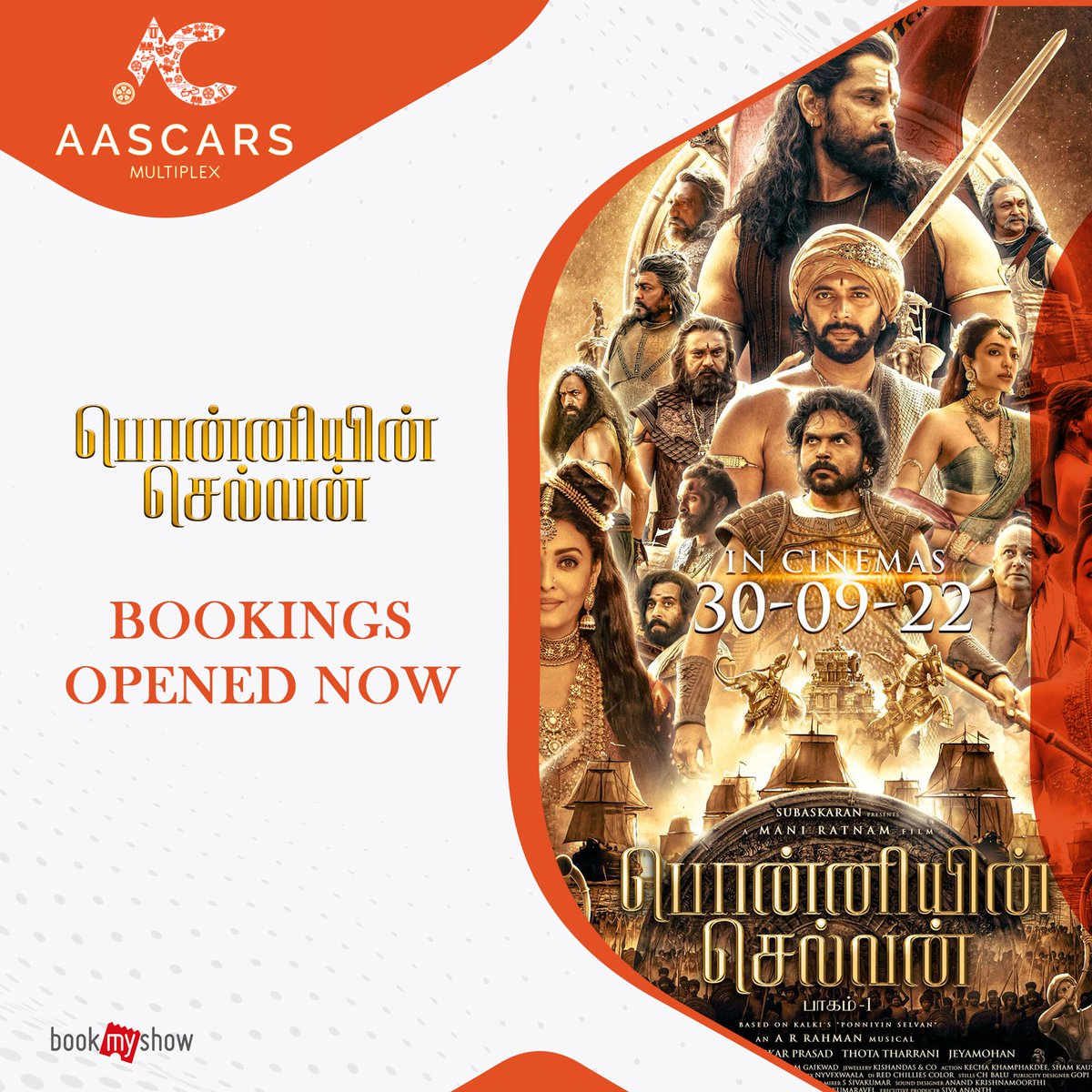 Aascarmultiplex's tweet photo. The most awaited #PonniyinSelvan1 bookings opened now in @bookmyshow !
7AM - FDFS
Book your seats soon before it goes Housefull !
We are extremely happy and delighted to release K-town's pride #Ponniyinselvan !
Let's make it big ! https://t.co/vqfg0Ajk5j