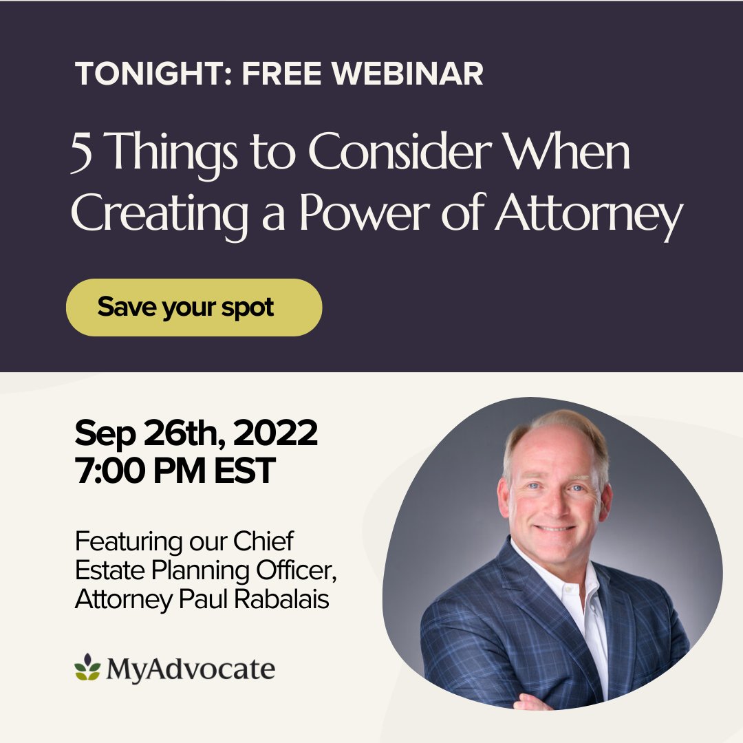 MyAdvocateCo's tweet photo. REMINDER: Free webinar tonight! Join MyAdvocate and our Chief Estate Planning Officer, Attorney Paul Rabalais to learn five things to consider when creating a power of attorney (and how they impact your specific circumstances).

RSVP now: https://t.co/nqaQpgFMrN https://t.co/Uv6QcM4NC6