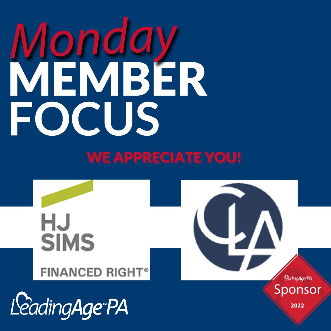 LeadingAgePA's tweet photo. It's time for another #MondayMemberFocus! We would like to thank @HJSims and @CLAconnect for their sponsorships. Read about how HJ Sims is changing the face of investing here: https://t.co/KaGkpFlUl0. Click here: https://t.co/1AtOgnVaBz to learn more about CLA and their mission. https://t.co/SSXxRgNXjI