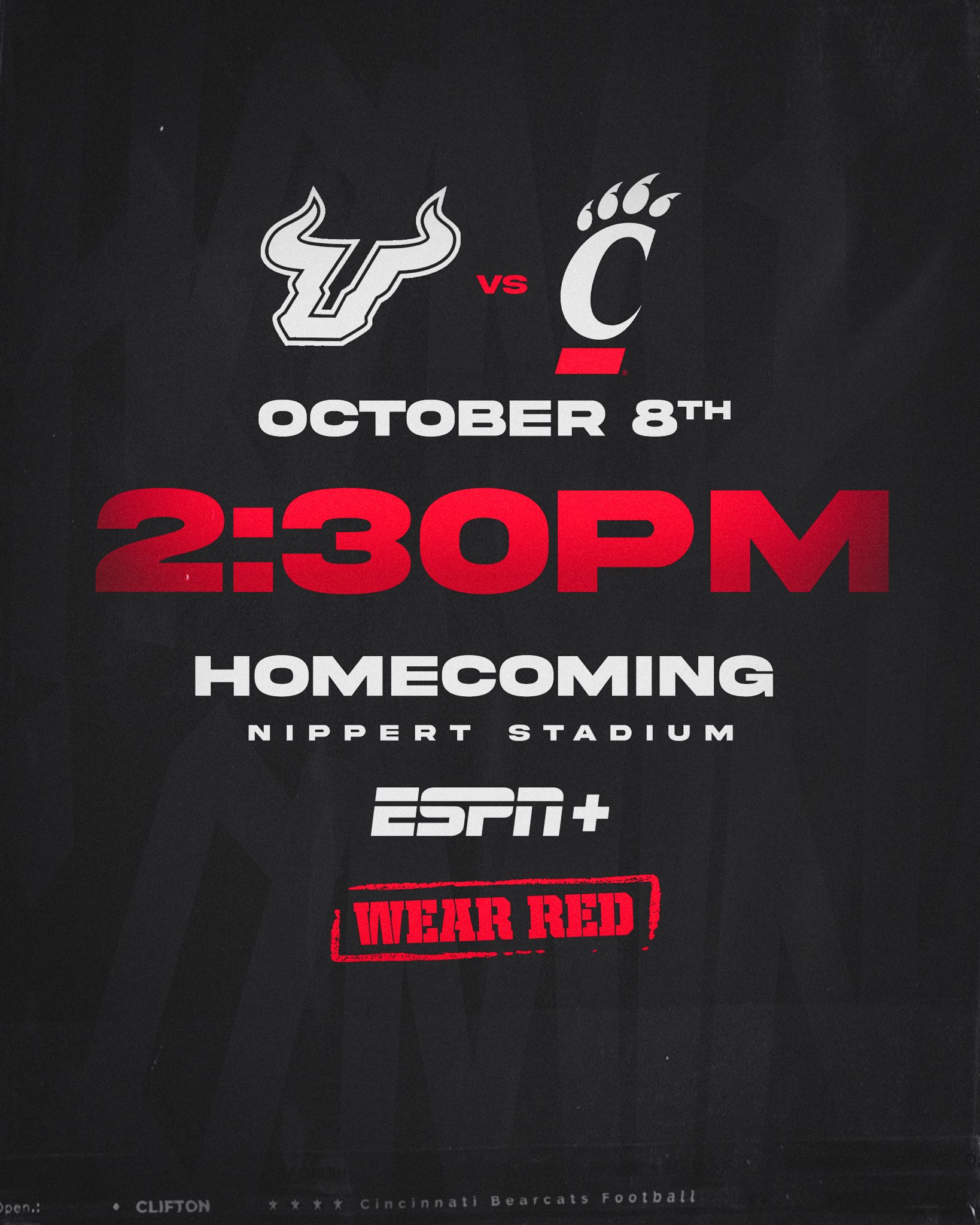 Cincinnati Football on Twitter: "🚨 SCHEDULE UPDATE 🚨 The Homecoming game  vs. South Florida on Saturday, October 8th, will be played at 2:30PM on  ESPN+. #Bearcats https://t.co/qcHmkc2p48" / Twitter