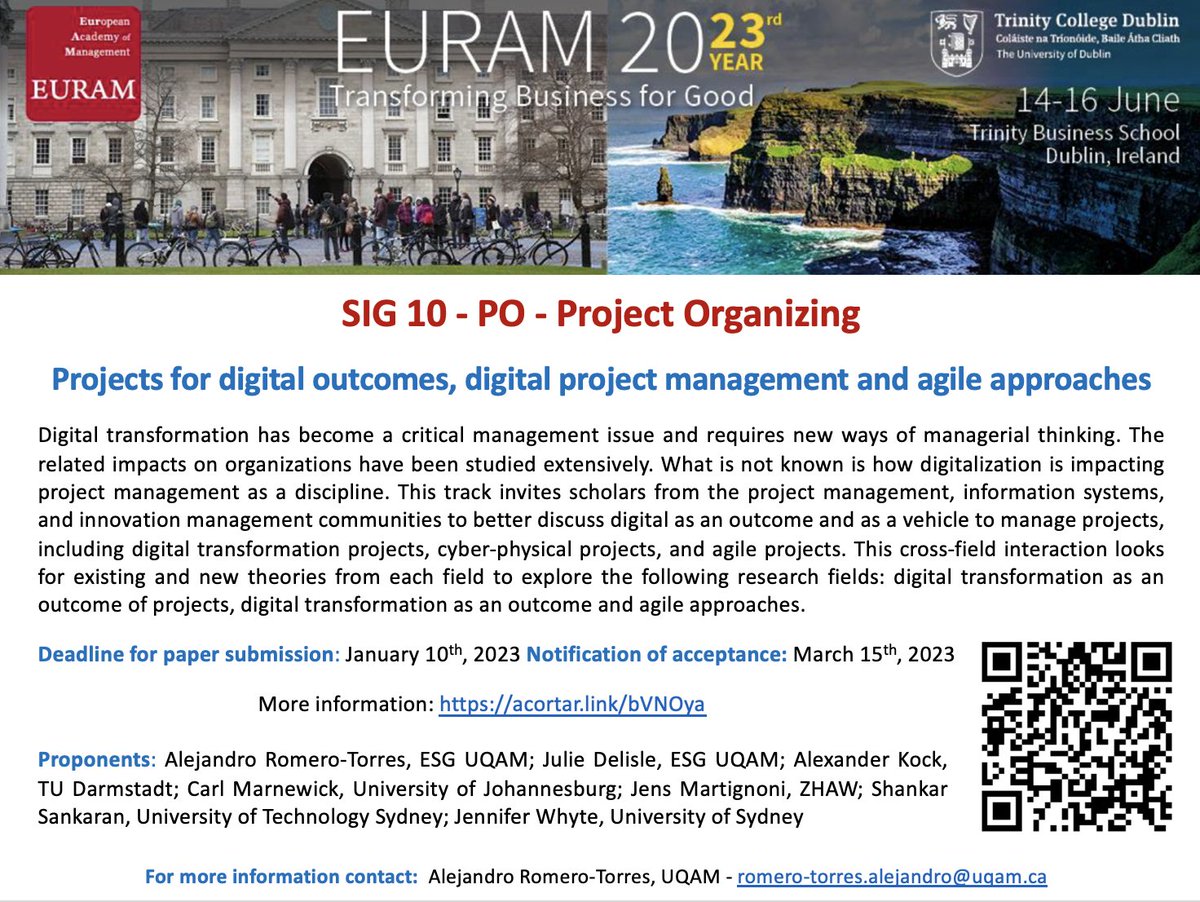 Call for paper for EURAM 2023 - special topic on project for digital outcome, digital project management and agile project acortar.link/bVNOya  <a href="/juliedelisle/">Julie Delisle</a> <a href="/ExerKock/">Alexander Kock</a> <a href="/SankaranShankar/">Sankaran Shankar</a> <a href="/JenniferKWhyte/">Prof Jennifer Whyte</a> <a href="/jens_martignoni/">Jens Martignoni</a> <a href="/cmarnewick/">Carl Marnewick</a> <a href="/euramPO/">EURAM Project Organising SIG</a> <a href="/EURAM_BXL/">EURAM</a>