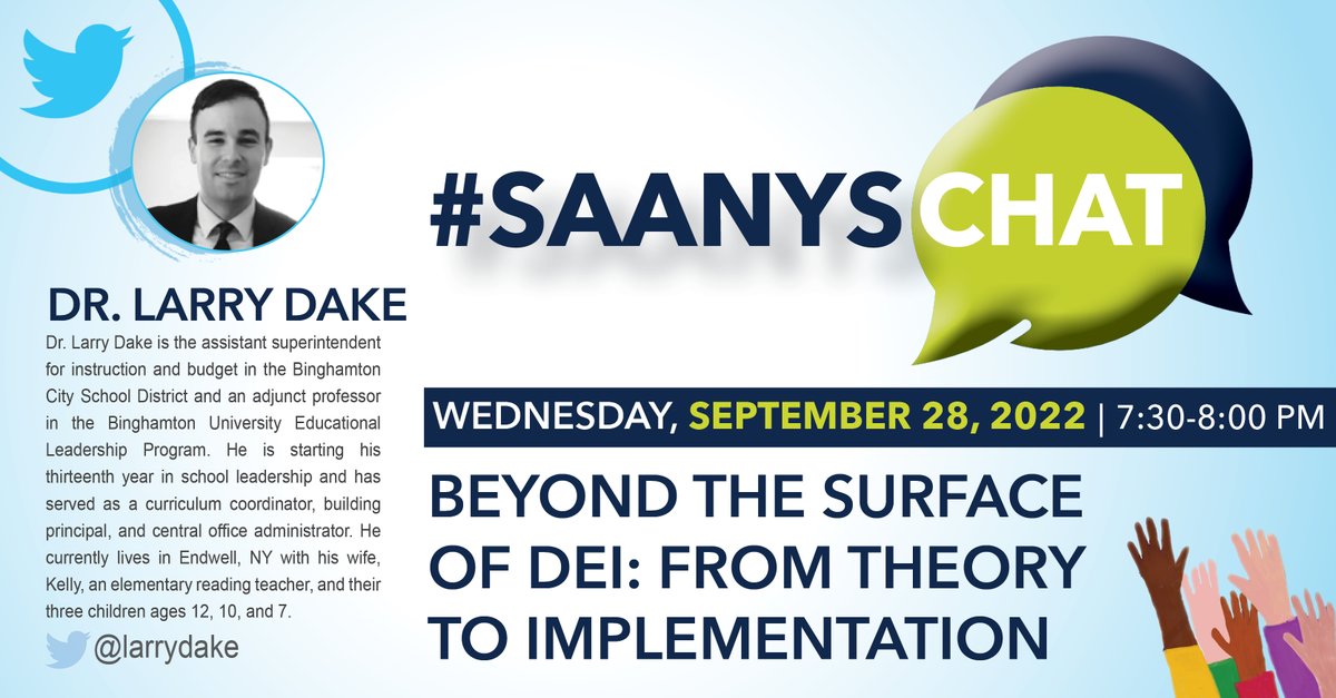 Join us on Wednesday at 7:30pm EST for #SAANYSChat focused on yet another @SAANYS 50th Annual Conference topic! @donald_gately @andrewmarotta21 @evenerjeff @NYSCATE @CVCommSchools @NYSCSS @reneegargano @bold_leadership @talkreadsing @KathrynBehr @Acevedo493 @TGulluscio