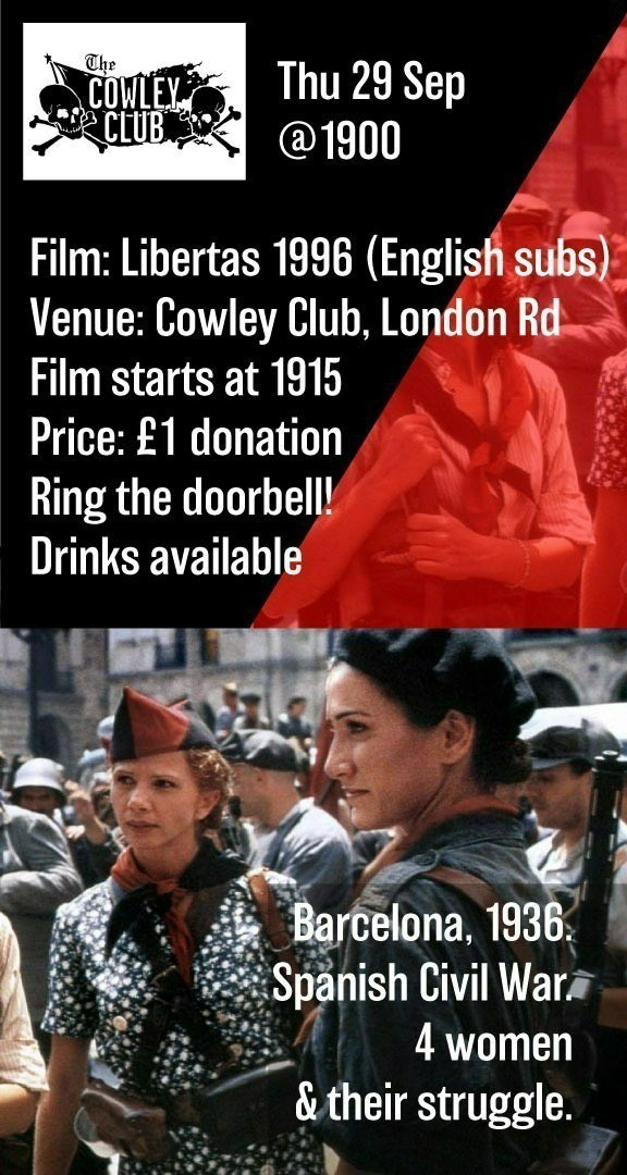 This Thursday we have a film screening! 
📽️ Libertas (1996)
📅 This Thursday 
⏳ 7pm
🌏 Cowley club
😻 all welcome

#cowleyclub
