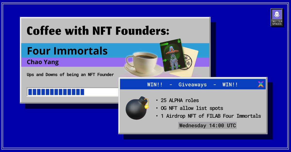 ⚠️Attention⚠️

Join us on our first NFT Founders conversation with <a href="/FOURIMMORTALS/">FOUR IMMORTALS</a> and win ➡️

🏆1 Airdrop NFT of FILAB Four Immortals
🏆25 ALPHA roles on RoverX Discord
🏆Allowlist spots for RoverX OG NFT 

Set reminder⬇️

#NFTGiveaway #NFTCommmunity #NFT #RoverX #FourImmortals