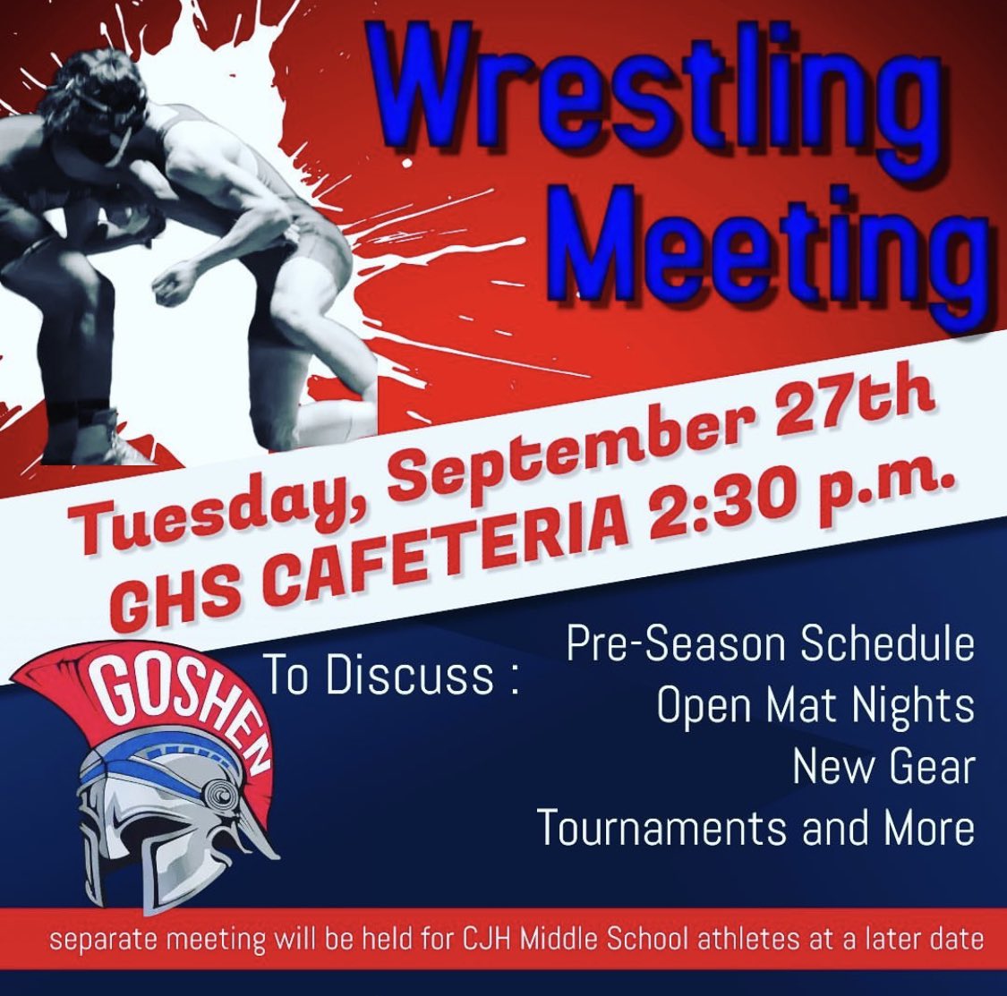 GoshenCoach's tweet photo. Wrestling is not for everyone, but it is for anyone. Come and see if it’s for you. Join for the gear. Commit to the Grind. Leave with a renewed sense of purpose and enough weapons to battle anything that life can throw at you. @goshen_football @gtownprep @GoshenCSD @GCSDAthletics https://t.co/OFJz73yX8R