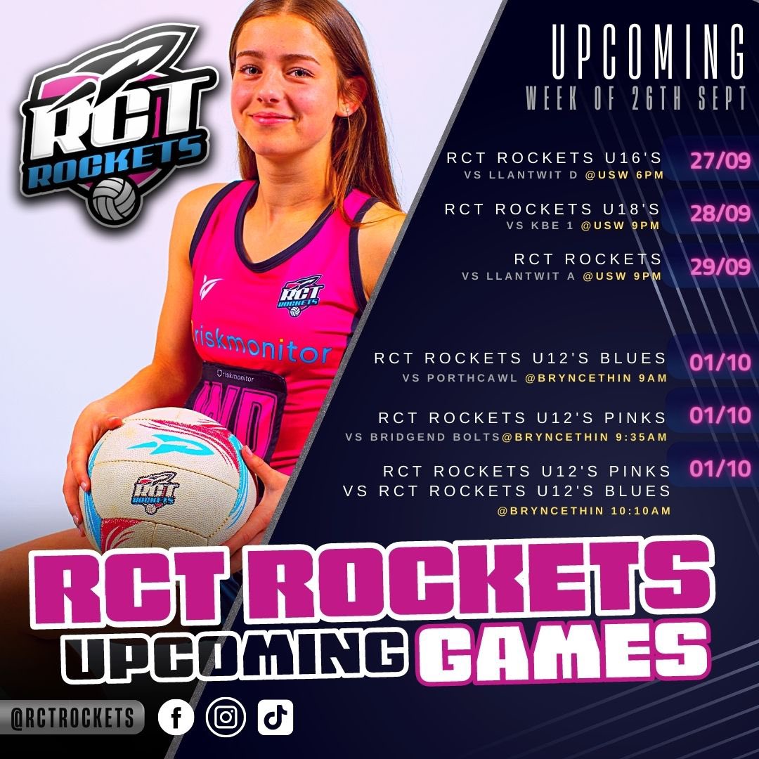 RCTRockets's tweet image. Upcoming fixtures for RCT Rockets this week! 🚀🔥🔥 
.
#rctrockets #rockets #netball #sport #games #fixtures