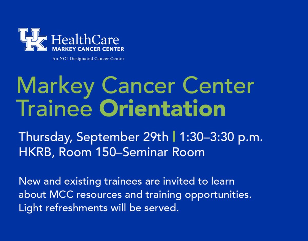 MCCTrainees's tweet photo. Join us on Sept 29th for Trainee Orientation!  We’ll have good snacks and door prizes and discuss MCC resources including Fellowship Boot Camp,  SRFs, PDO, seminars, journal clubs and more.  Register here: https://t.co/rrslhJKuNW @UKMarkey @ResearchKY @UKUGR https://t.co/0ckk56RATt