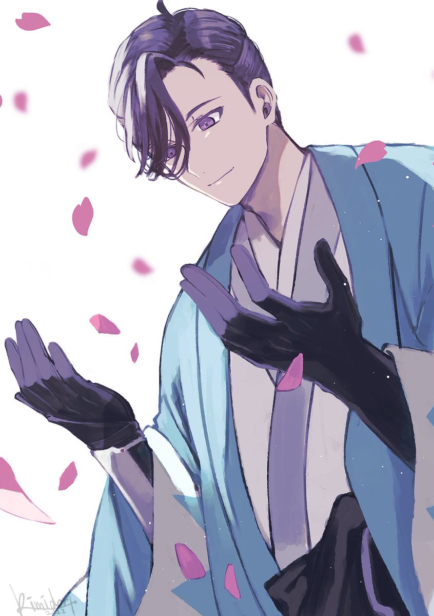 male focus 1boy petals japanese clothes solo haori gloves  illustration images