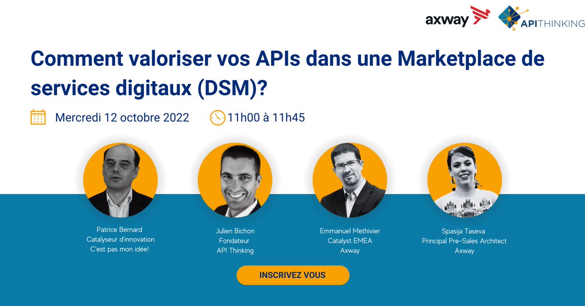 Collectif API Thinking (@apithinking) on Twitter photo #Webinar
"Comment valoriser vos APIs dans une Marketplace de services digitaux (DSM) ?"
On vous attend le 12 octobre 2022 de 11h à 11h45 ! 
Une co-organisation avec notre partenaire <a href="/Axway/">Axway</a>  
Vous n'êtes pas encore inscrit ? Qu'attentez vous ?!
👉🏻webikeo.fr/webinar/commen… #Webinar
"Comment valoriser vos APIs dans une Marketplace de services digitaux (DSM) ?"
On vous attend le 12 octobre 2022 de 11h à 11h45 ! 
Une co-organisation avec notre partenaire <a href="/Axway/">Axway</a>  
Vous n'êtes pas encore inscrit ? Qu'attentez vous ?!
👉🏻webikeo.fr/webinar/commen…