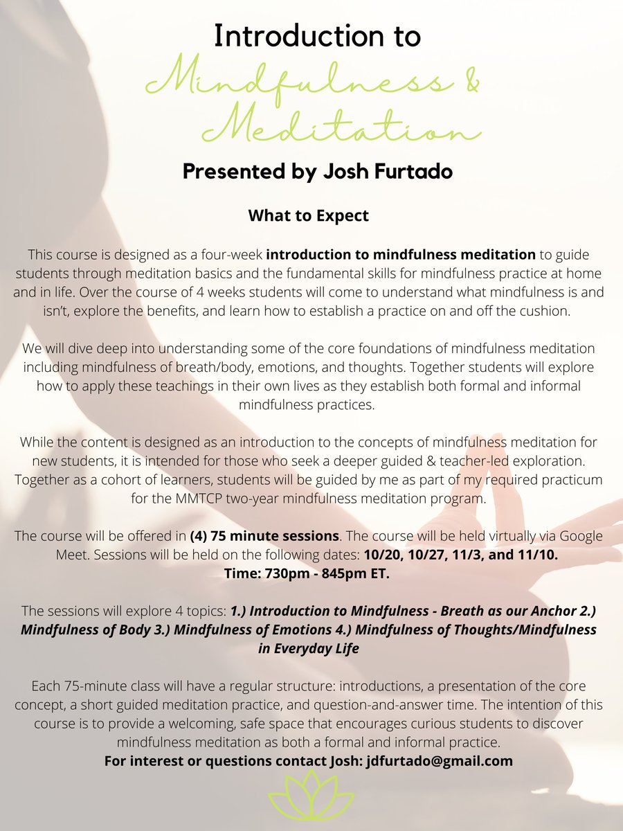 JDF_423's tweet photo. Have you ever considered #mindfulness meditation?

Join me for a virtual 4-week Intro to Mindfulness #Meditation course to explore meditation basics and the fundamental skills for mindfulness practice at home &amp; in life. 

DM or email if interested 🙏 https://t.co/ysieCIX9Ou