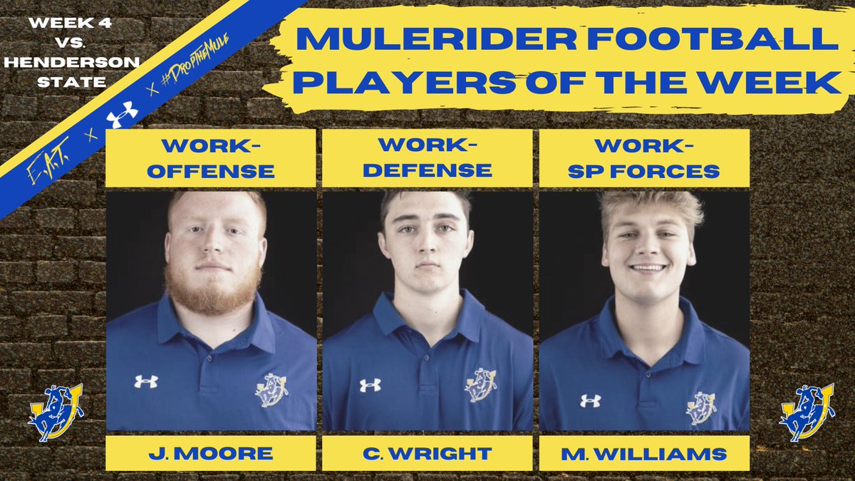 Mulerider Football (@saufootball) on Twitter photo Congrats to our Work Team Players of the Week in our 28-24 VICTORY over Henderson State this weekend!! 🤙🏇 <a href="/JacobM_56/">Jacob Moore</a> <a href="/CooperRayWright/">Cooper Wright</a> <a href="/mileswilliams80/">Miles Williams</a> Congrats to our Work Team Players of the Week in our 28-24 VICTORY over Henderson State this weekend!! 🤙🏇 <a href="/JacobM_56/">Jacob Moore</a> <a href="/CooperRayWright/">Cooper Wright</a> <a href="/mileswilliams80/">Miles Williams</a>