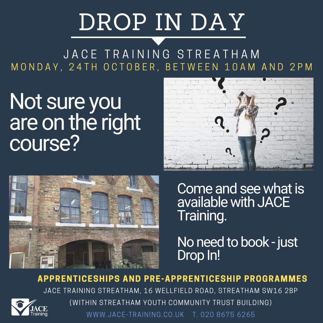 JACETraining's tweet photo. JACE Training Streatham are having a Drop in Day for those who think they might be on the wrong course and want to explore their options - no need to book just Drop In #lookforwardtoseeingyou #streatham #apprenticeships #college #london #gcses2022 #careeradvisor #studyprogramme https://t.co/tVXQnkzKNe