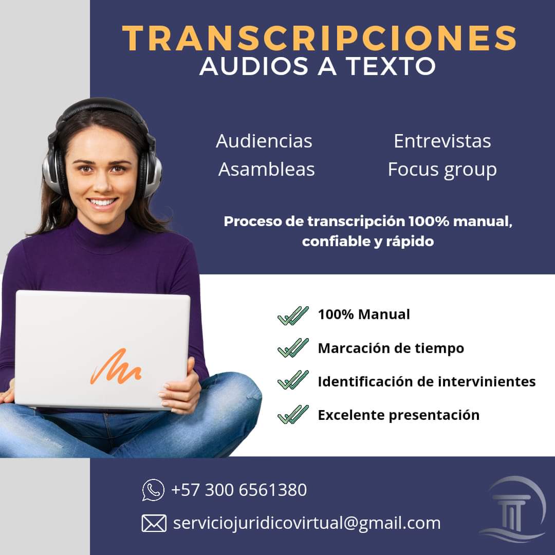 Juri_Virtual's tweet photo. ► Su #transcripción por e-mail en 2-3 días, para audios de 120 minutos, tiempo de entregada garantizado
► Marcacion de tiempo
► Identificacion de intervinientes
► Total confidencialidad
► Economico 
Contacto:
Whatsapp + 57 3006561380 https://t.co/ggSCIwy3BP