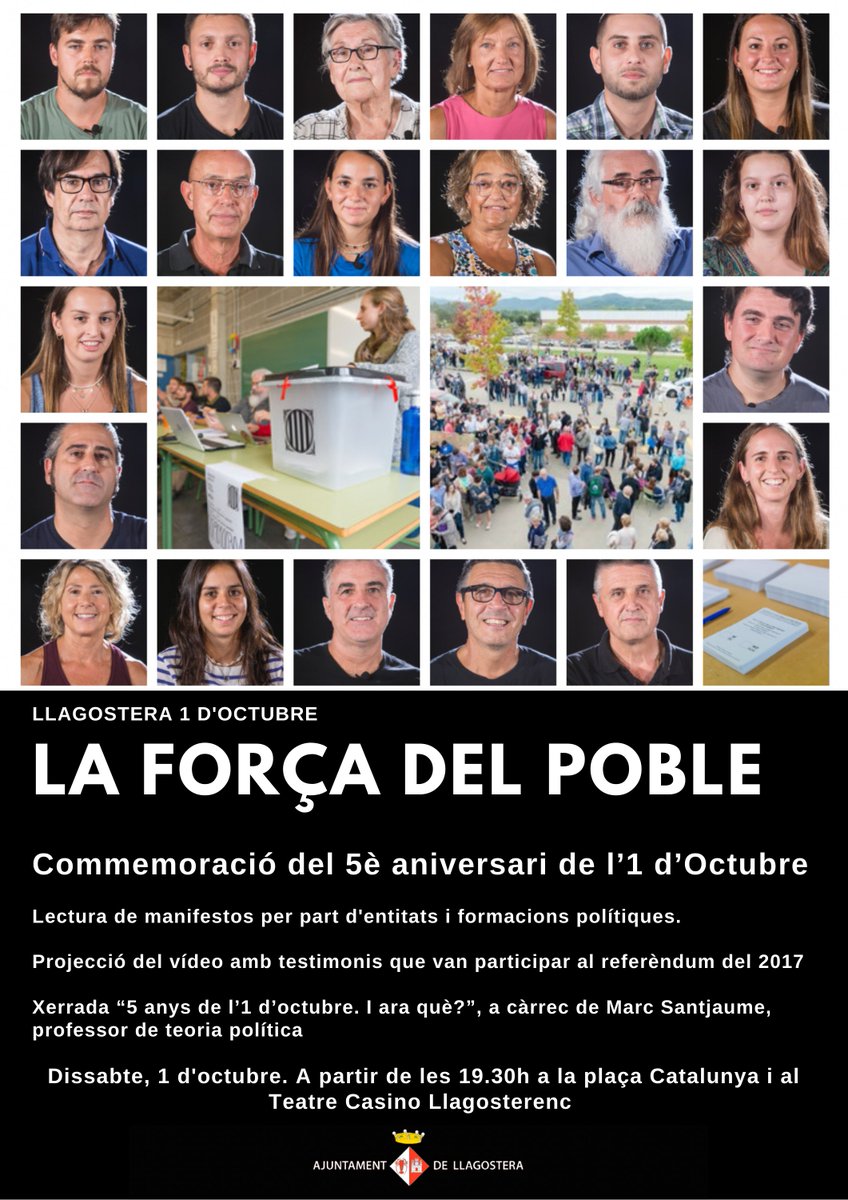 📢Aquest dissabte commemorem el 5⃣è aniversari de l'1 d'octubre a #Llagostera!
📜Llegida de manifest
🎥Projecció del vídeo amb testimonis del referèndum
🗣️Xerrada "5 anys de l'1 d'octubre. I ara què?"

🗓1 d'octubre
📍Teatre Casino Llagosterenc

👀👉llagostera.cat/agenda/1221/co…