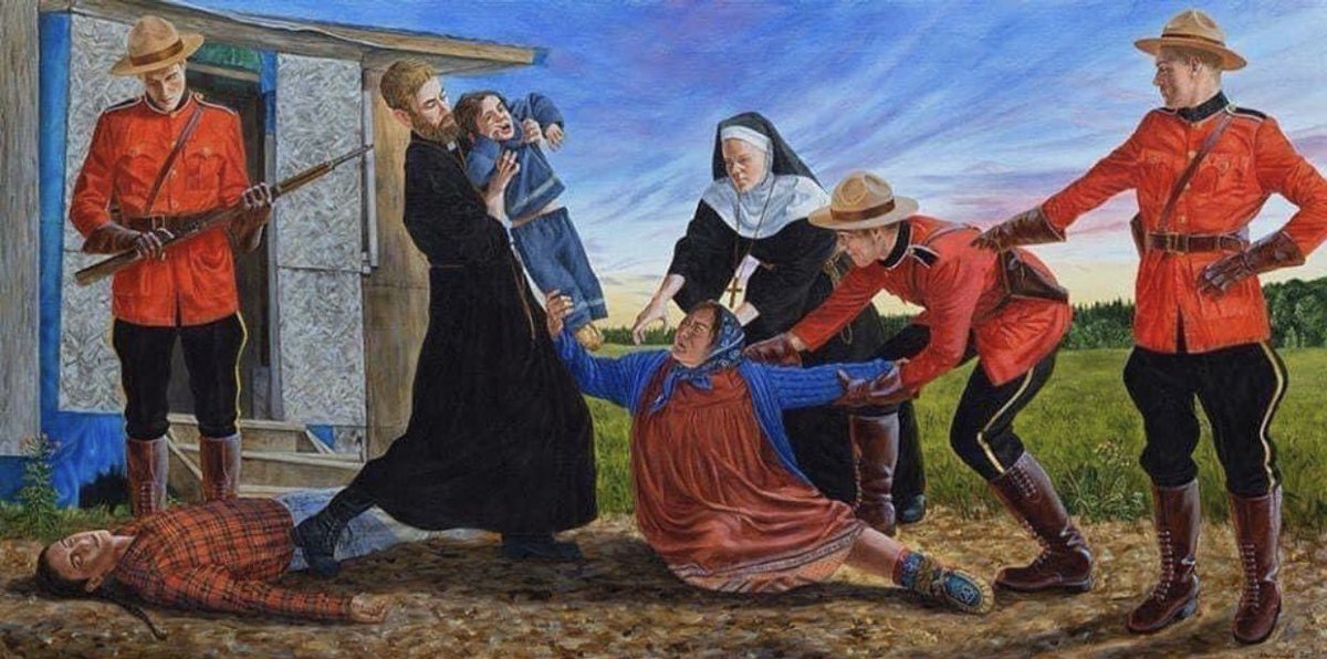 In Ojibwe our words for stolen children are gimoodinaan binojiinhyan. This week let’s learn to be gentle and patient with our students- their history has been difficult. Painting by Cree artist Kent Monkman.