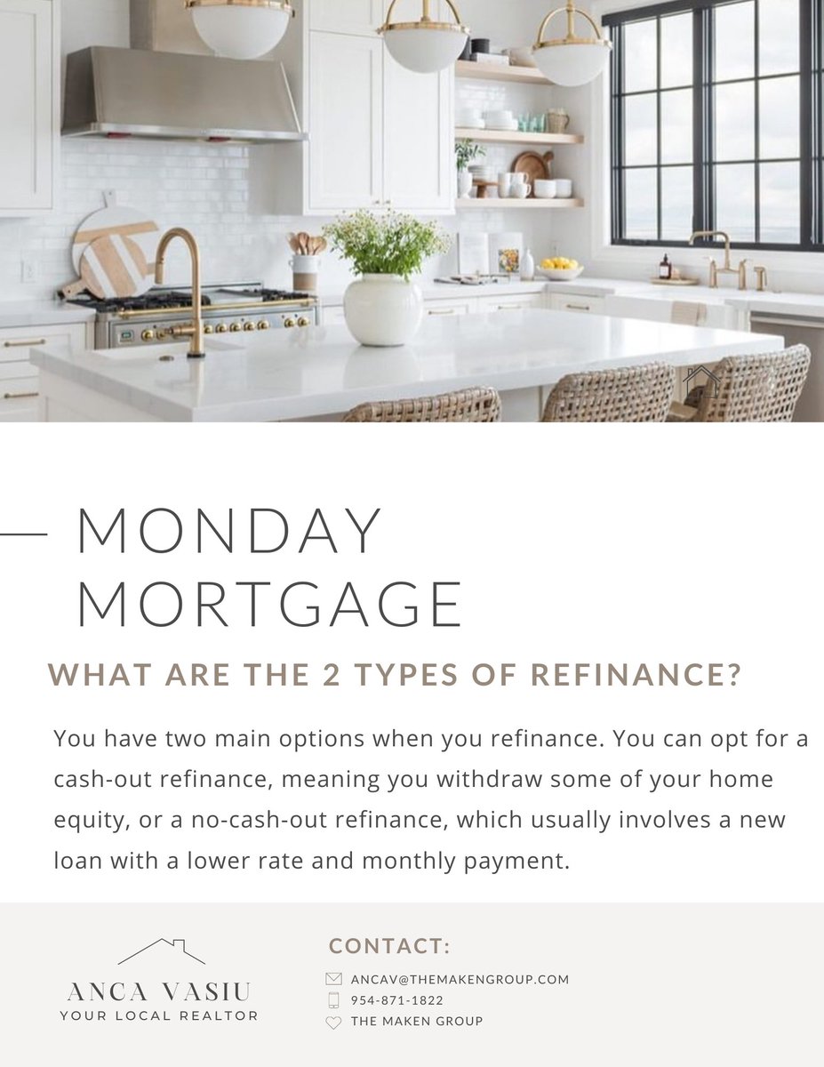 RealtorAncaV's tweet photo. Refinancing a home loan involves getting a new mortgage to replace your existing one. 
______________
Anca Vasiu 
The Maken Group 
📞954-871-1822 
📬ancav@themakengroup.com 
📍Parkland, Florida https://t.co/ZfPnEA3JIi