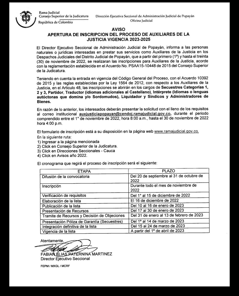 DesajCauca's tweet photo. Apertura de inscripción del proceso de Auxiliares de la Justicia - Vigencia 2023 - 2025. https://t.co/6TWRCdZv3N